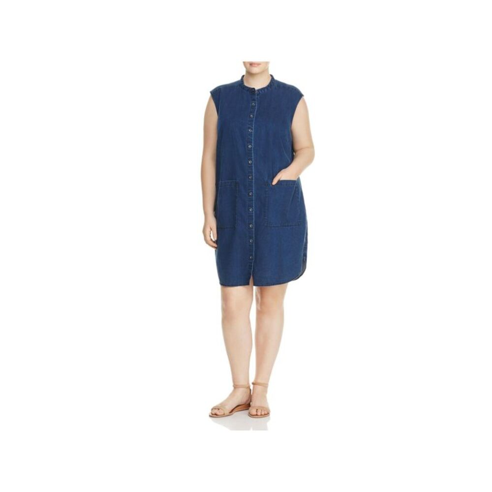 EILEEN FISHER Womens Navy Denim Curved Hem Unlined Shirt Dress Plus 1X